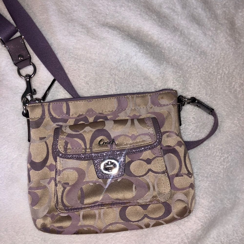 Tan Lavender Coach Logo Crossbody Purse